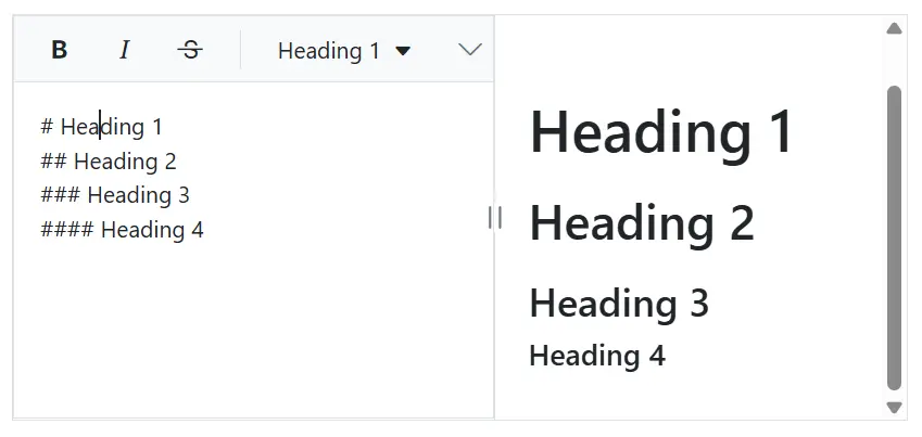 The Blazor Markdown editor mode heading format.