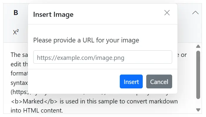 Insert images in Blazor RTE Markdown editor mode .
