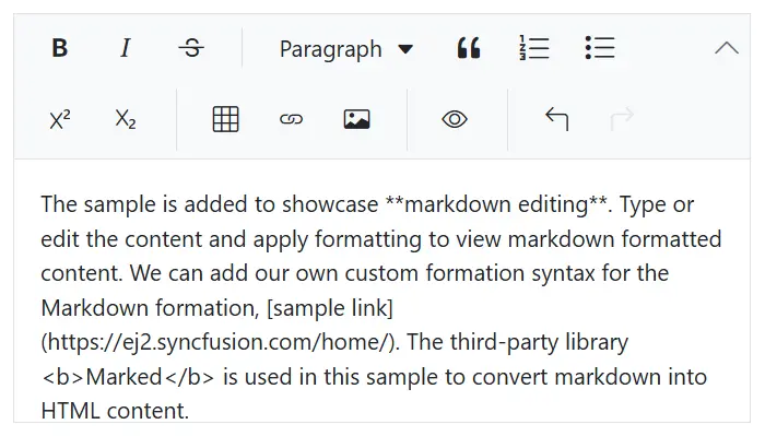 The Blazor RTE Markdown editor mode with multi-row toolbar.