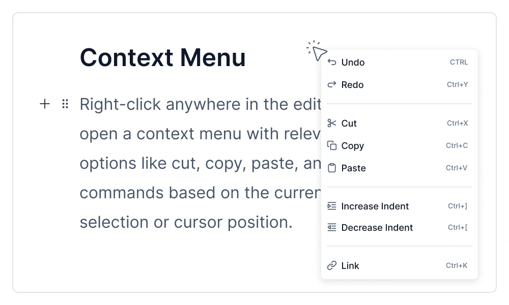 JavaScript Block editor with context menu