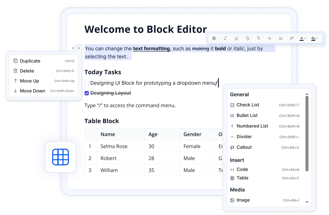 JavaScript Block Editor with drag-and-drop blocks, slash commands, and rich formatting tools for structured content creation.