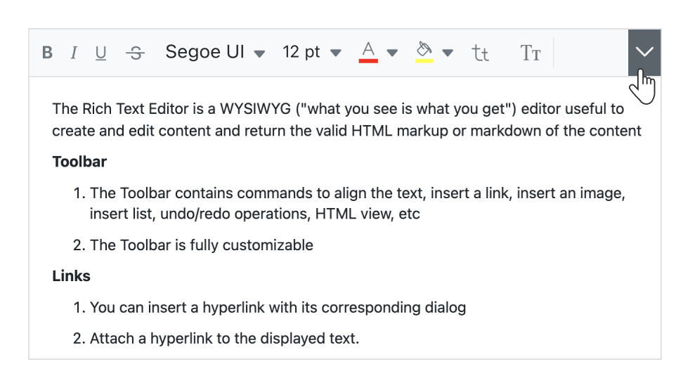 JavaScript WYSIWYG HTML editor with expandable toolbar.