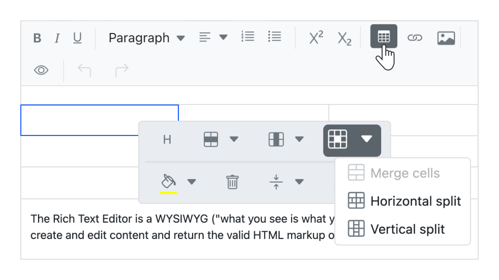 JavaScript Rich Text Editor with table merge and split.