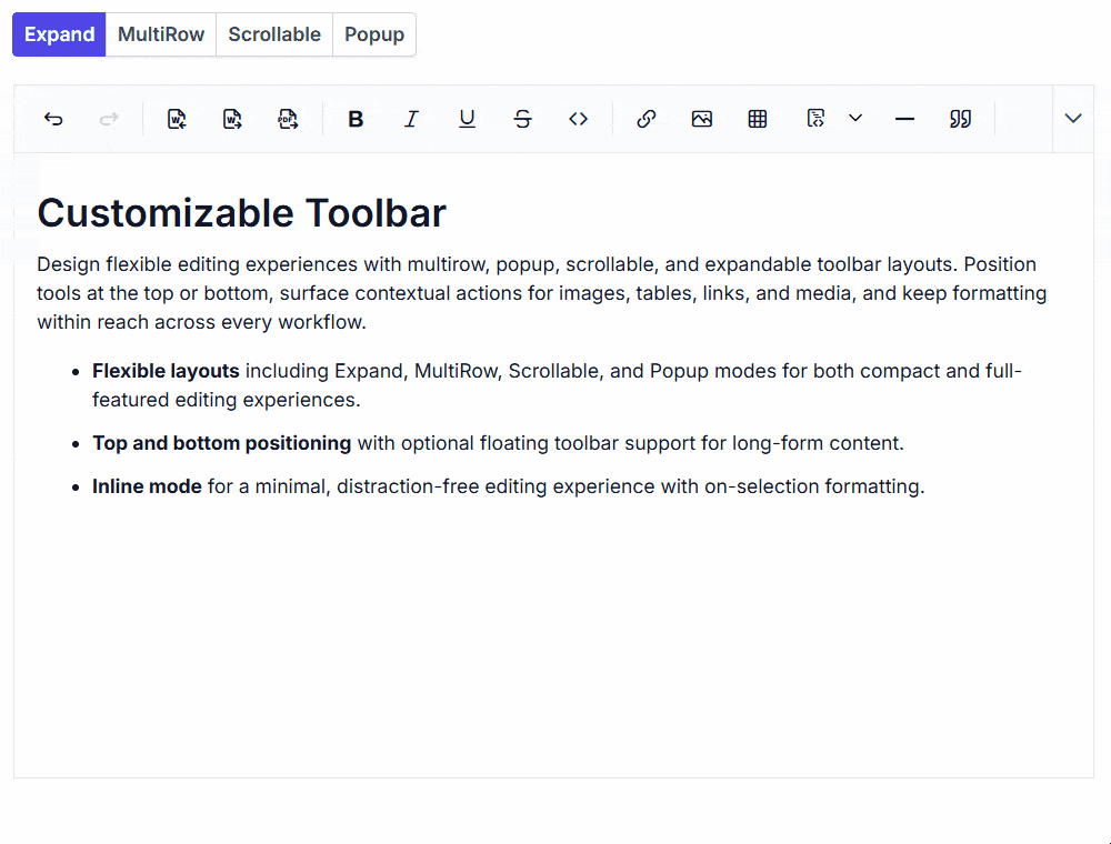 React Rich Text Editor toolbar layout modes