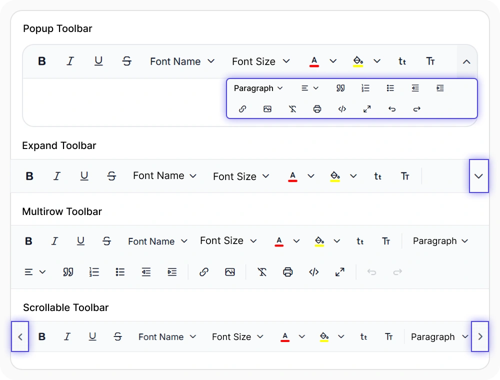 React Rich Text Editor toolbar layout modes