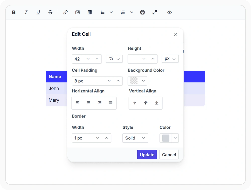 React Rich Text Editor quick table and cell selection