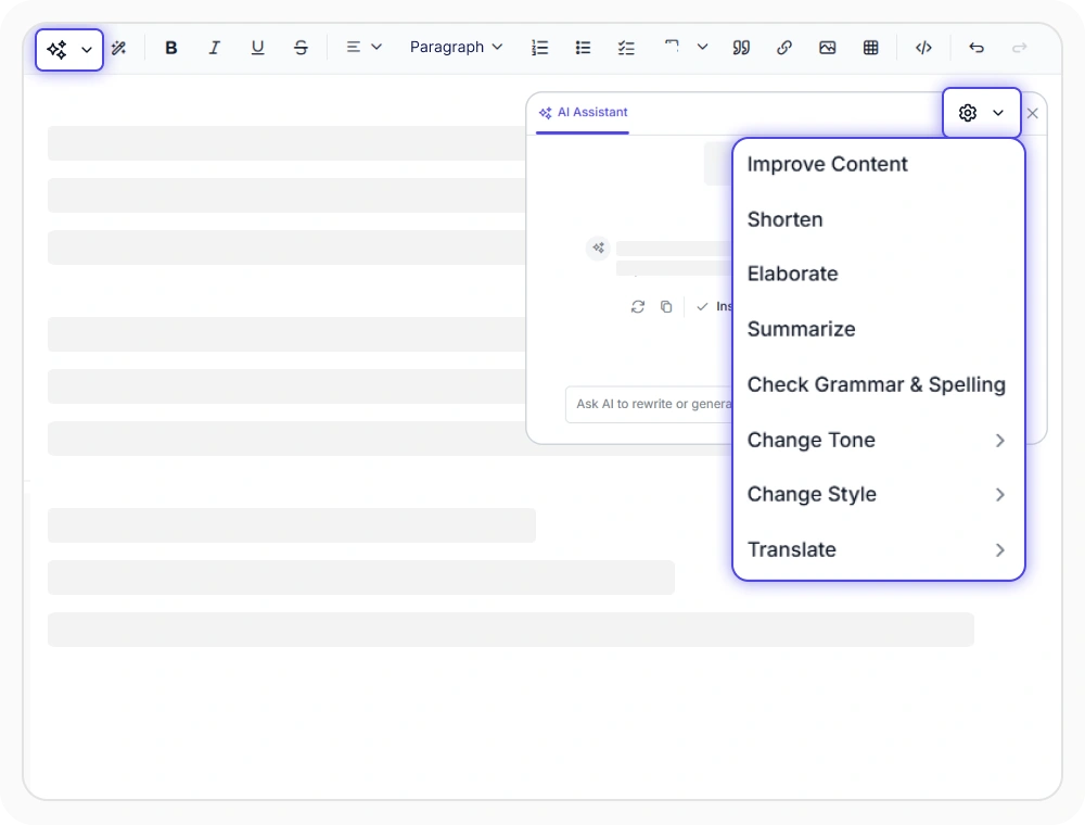 React Rich Text Editor AI writing assistance