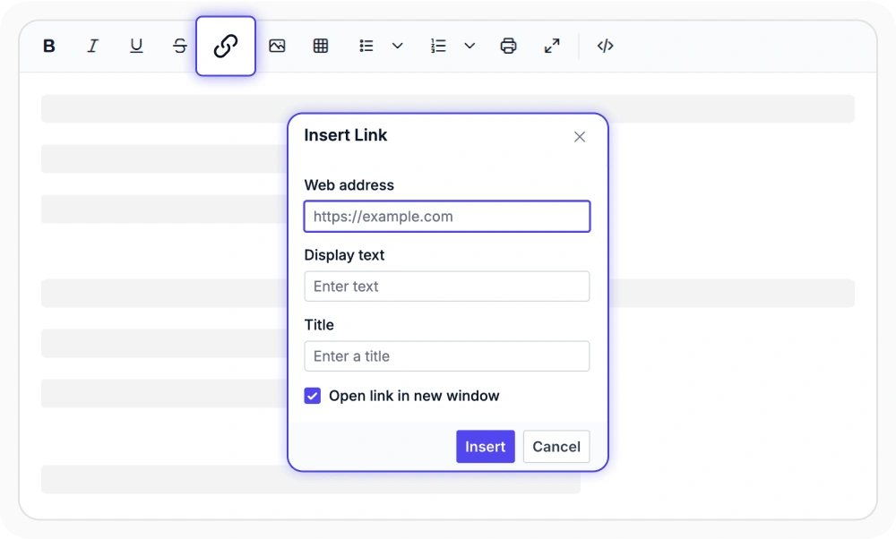 Hyperlinks insert in WYSIWYG React HTML editor.