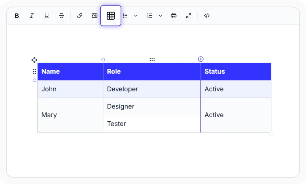 Insert and edit tables in React Rich Text Editor.