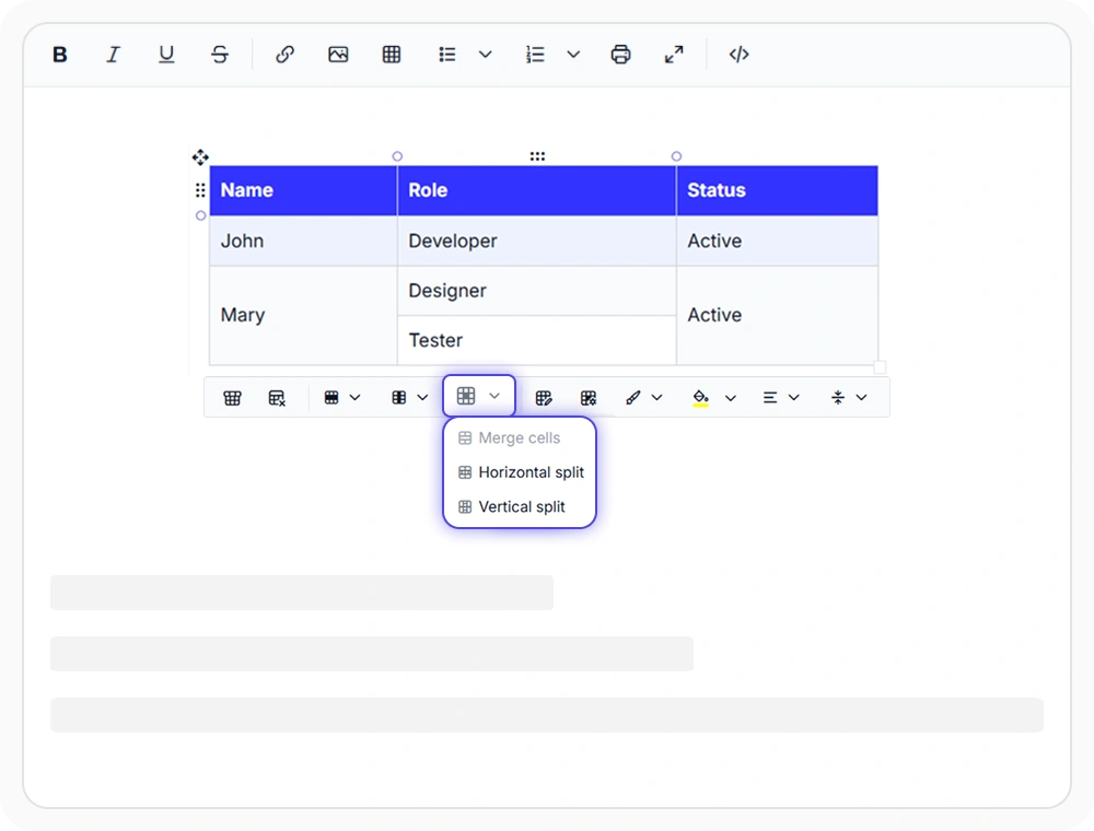 React Rich Text Editor merge, split, and structure cells