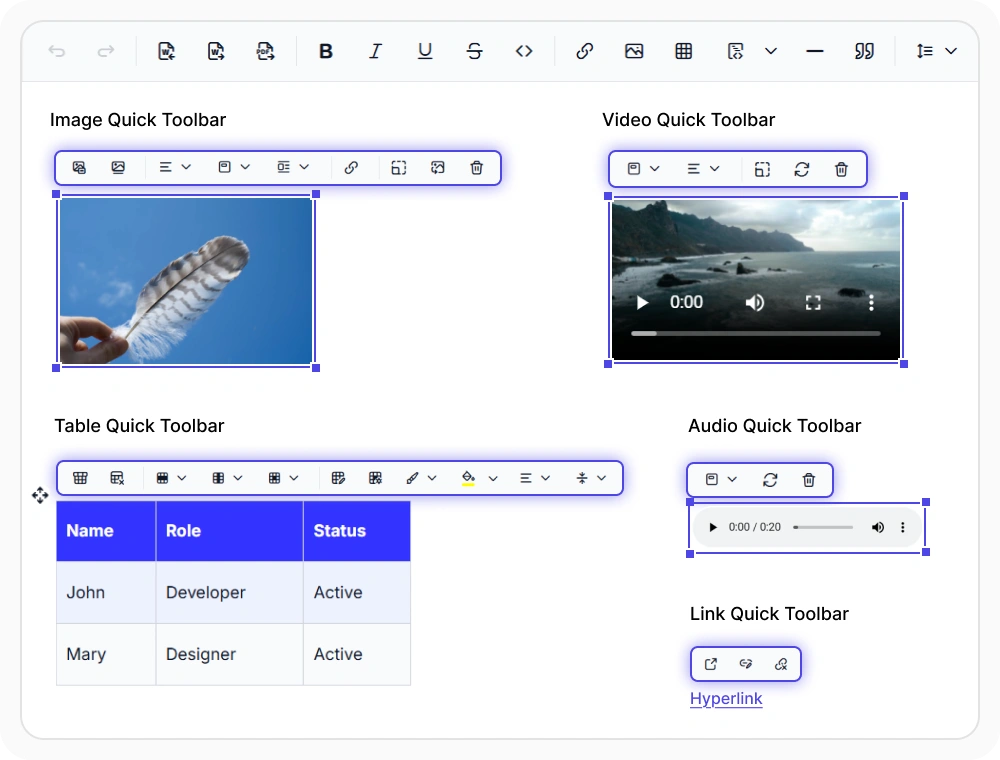 React Rich Text Editor context-aware quick toolbar
