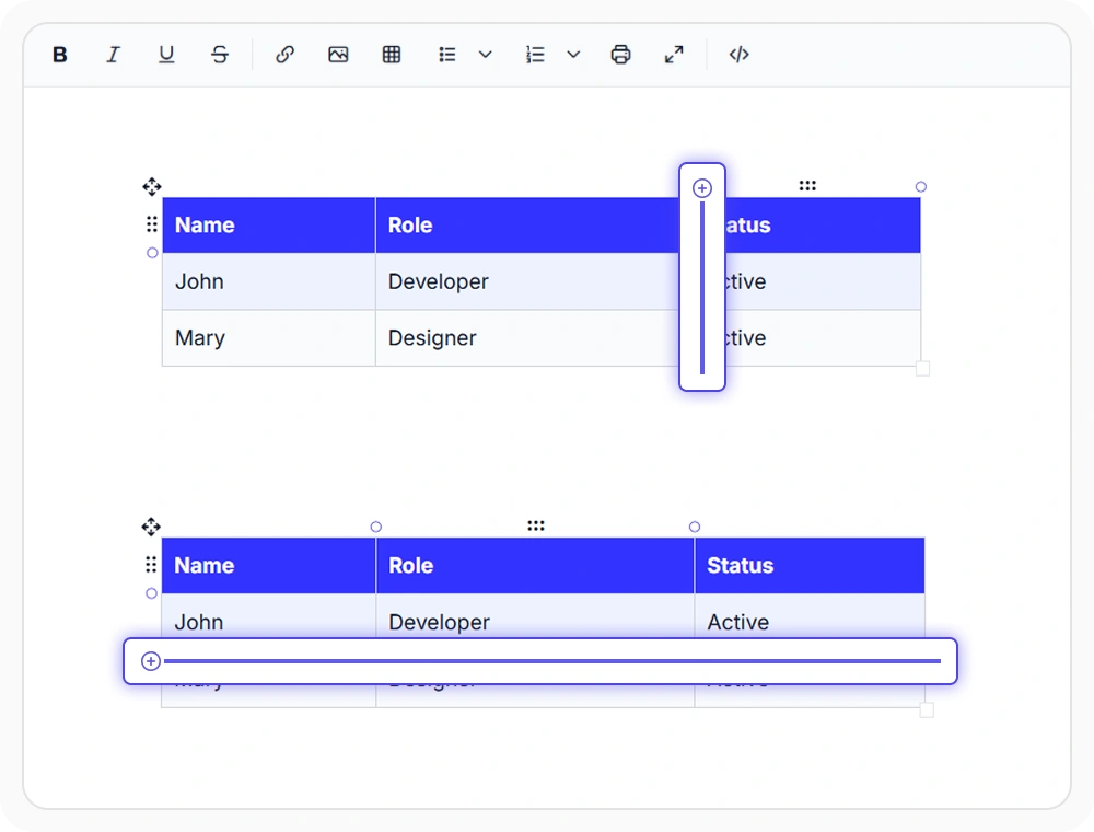 React Rich Text Editor insert rows and columns on demand