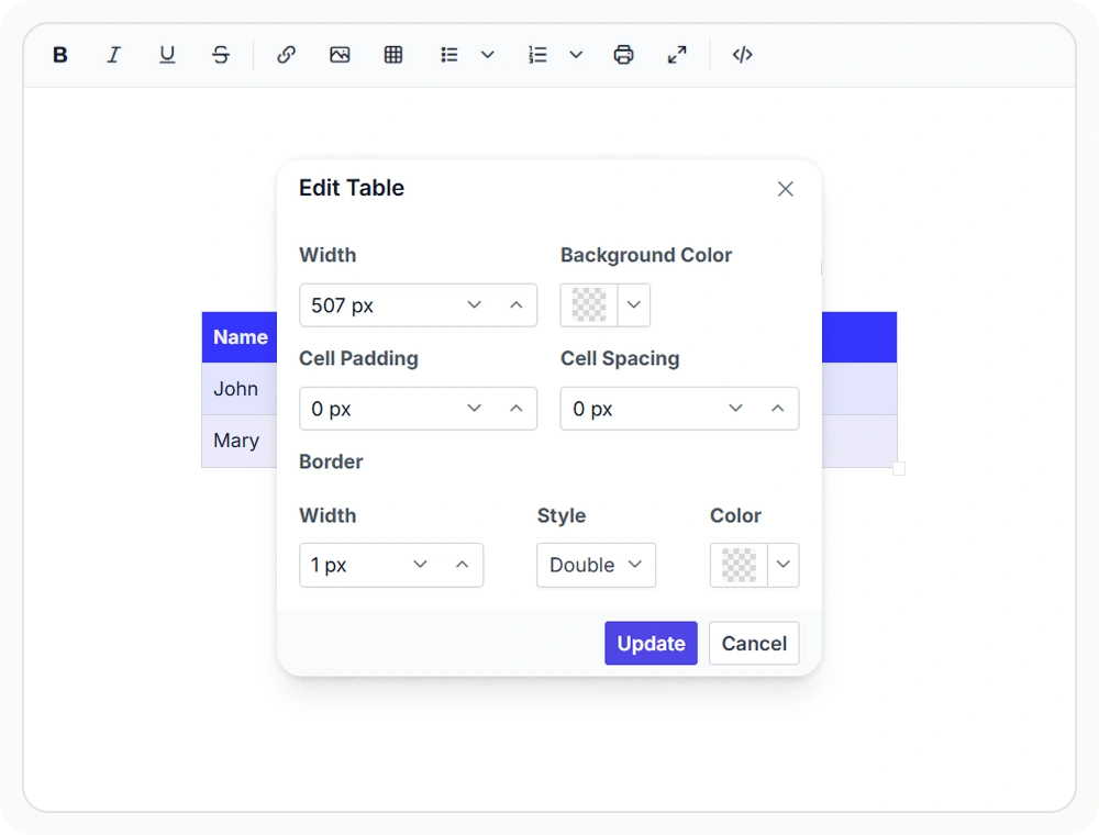 React Rich Text Editor resize rows, columns, and tables