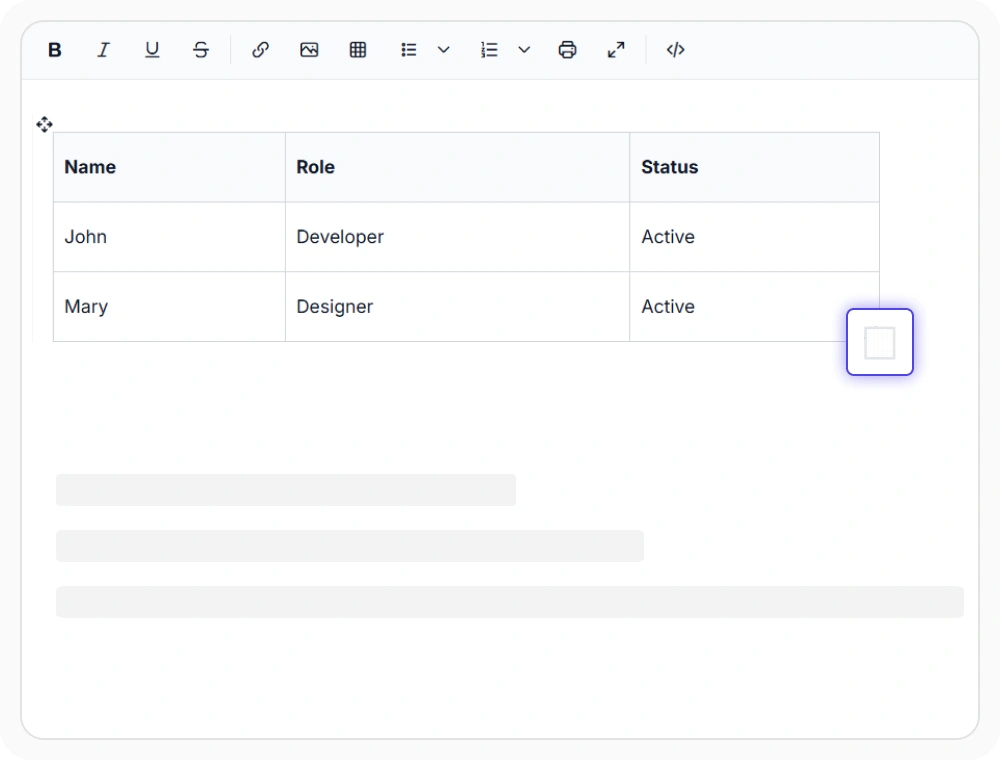 React Rich Text Editor resize rows, columns, and tables