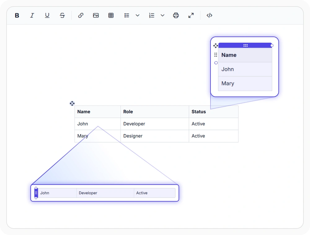 React Rich Text Editor quick table and cell selection