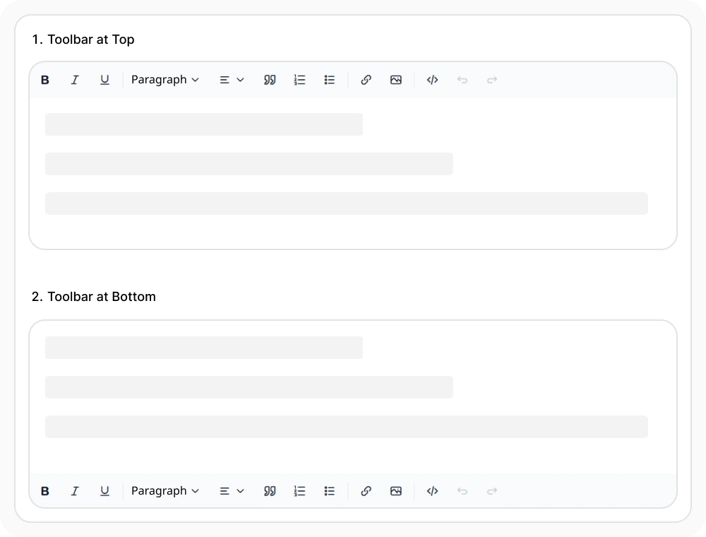 React Rich Text Editor toolbar positioning options