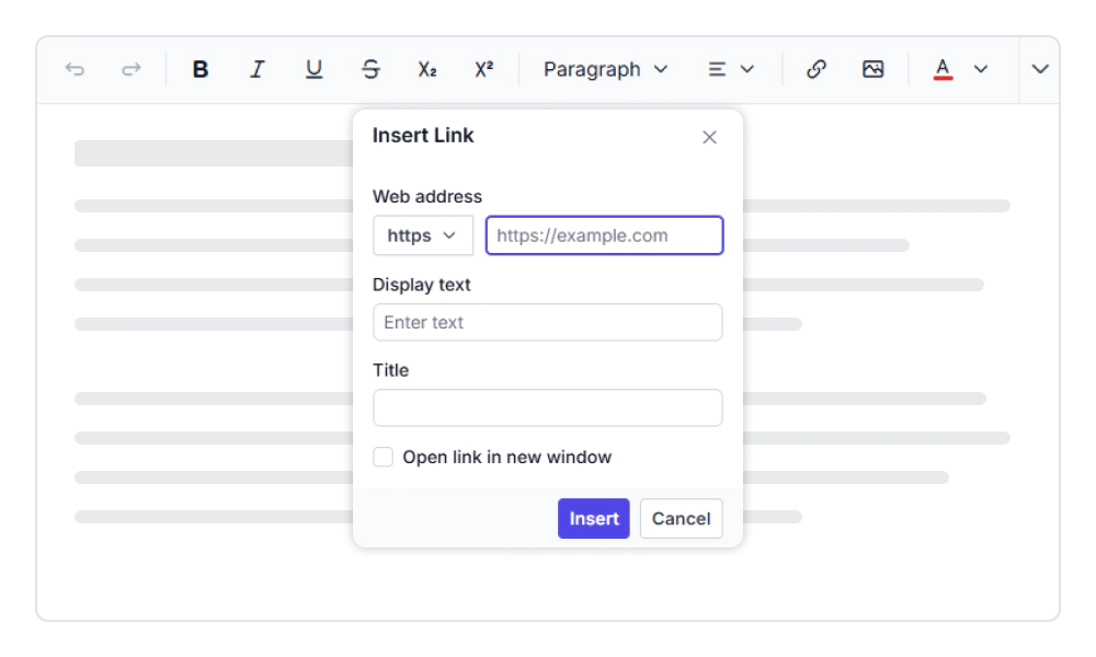 Vue Modern Rich Text Editor link management.