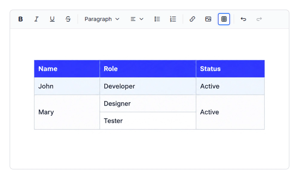 Vue Modern Rich Text Editor table editing.