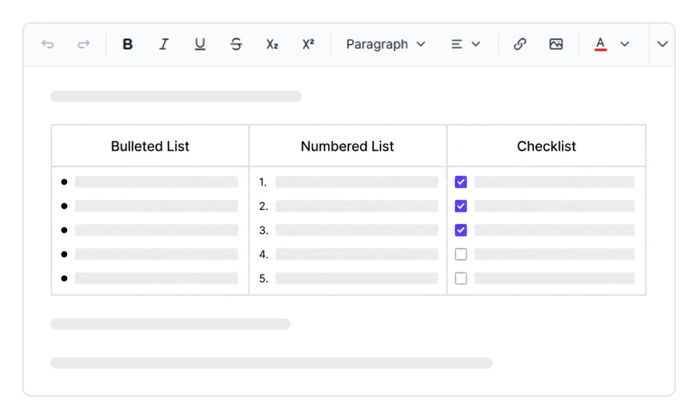 Vue Modern Rich Text Editor numbered, bulleted, and task lists.