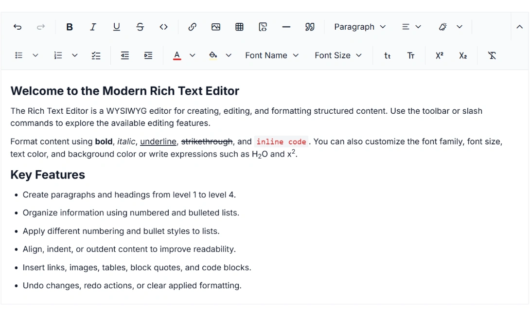 Vue Modern Rich Text Editor preview.