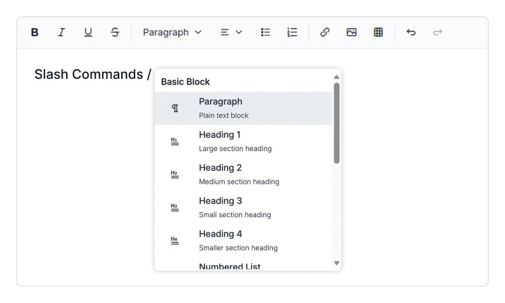 Vue Modern Rich Text Editor slash commands.