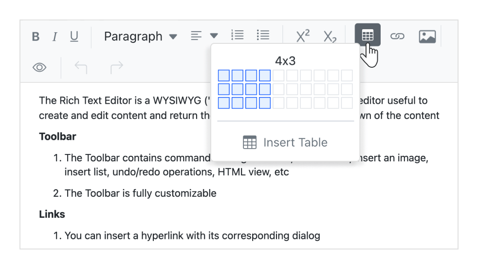 Insert tables in Vue Rich Text Editor.