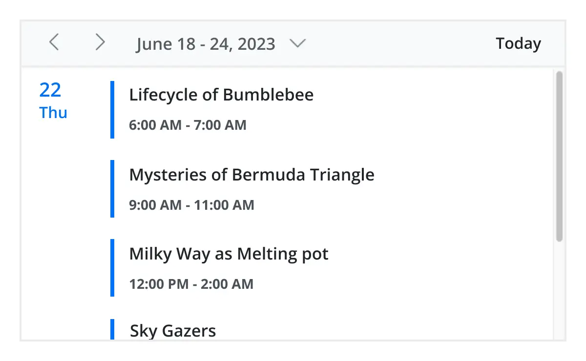 Agenda view in Angular Scheduler component.