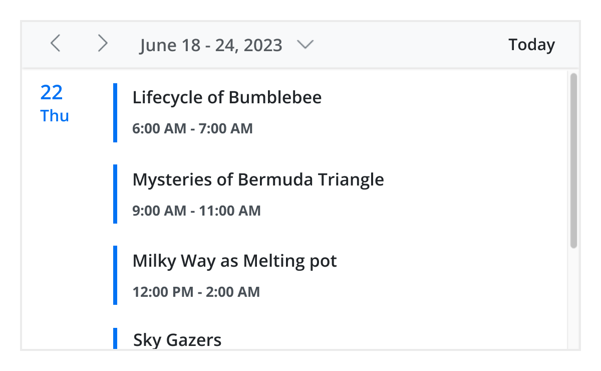 Agenda view in ASP.NET Core Scheduler component.