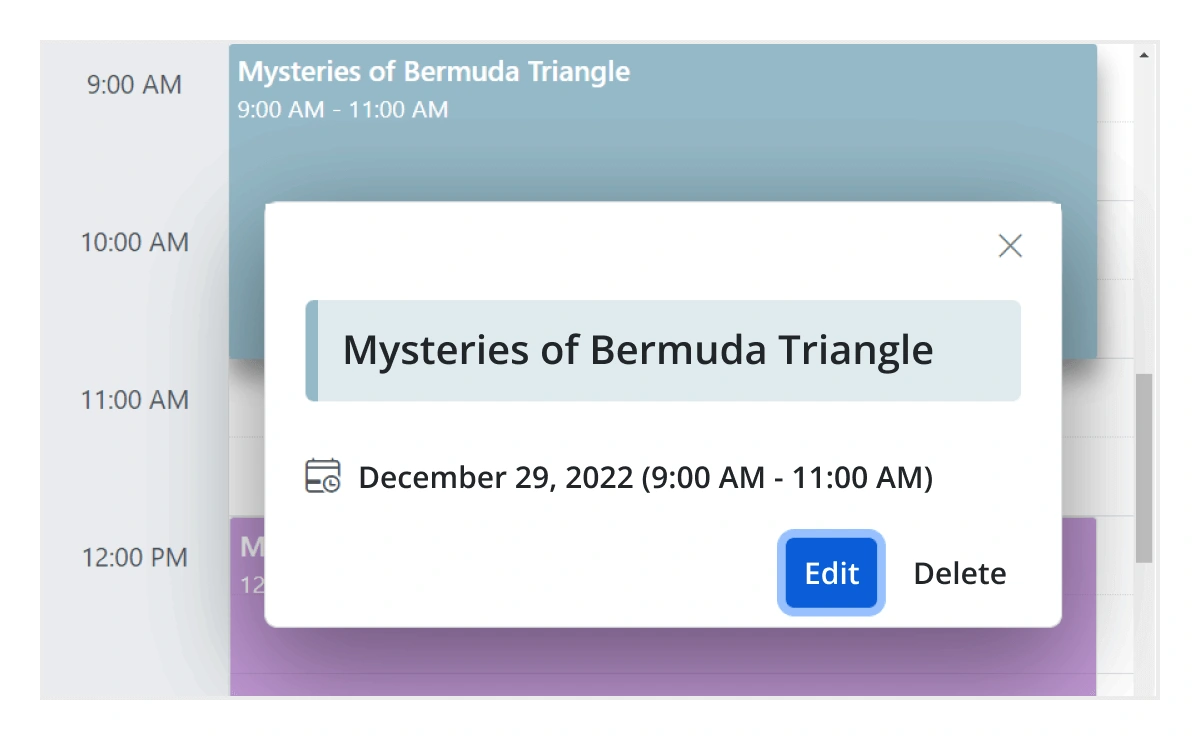 Blazor Scheduler Pop-up Displaying Event Information.