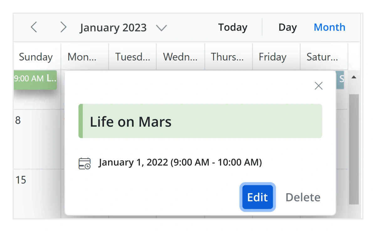 Event container displayed in month calendar.