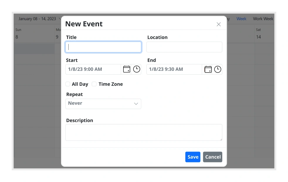 Illustration of event editor of JavaScript Scheduler.