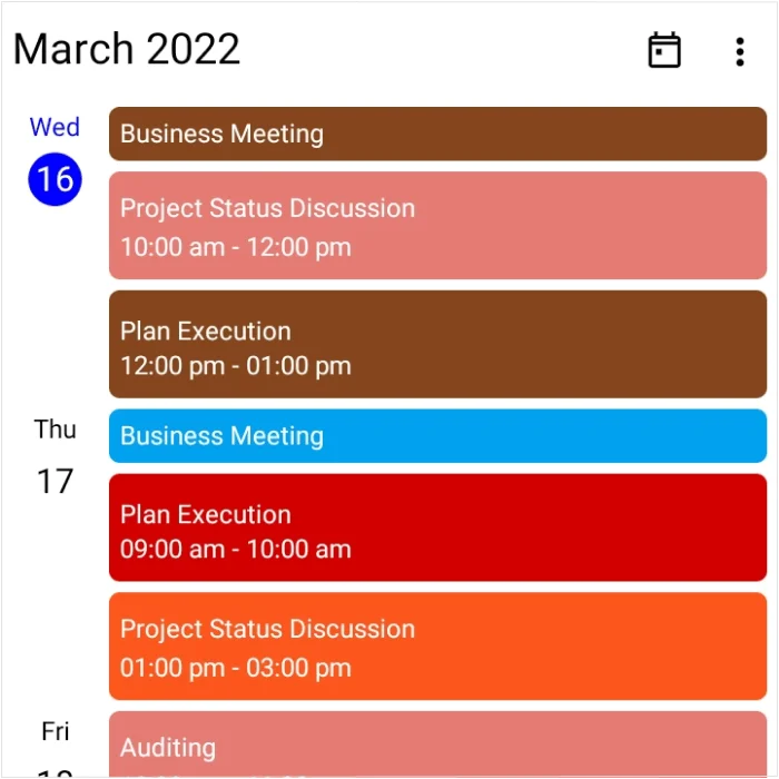 Agenda view in the .NET MAUI Scheduler.