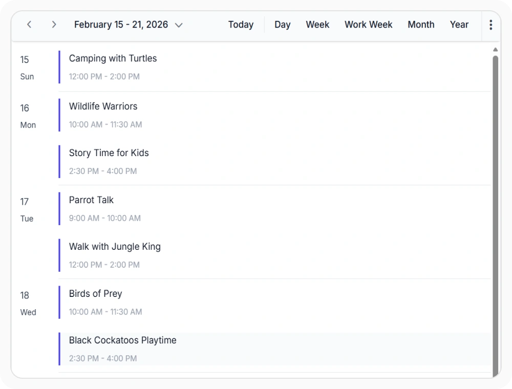 React Scheduler agenda view showing a scrollable list of appointments with event details