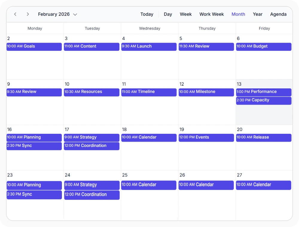 React Scheduler month view displaying a full calendar with appointment indicators across all days