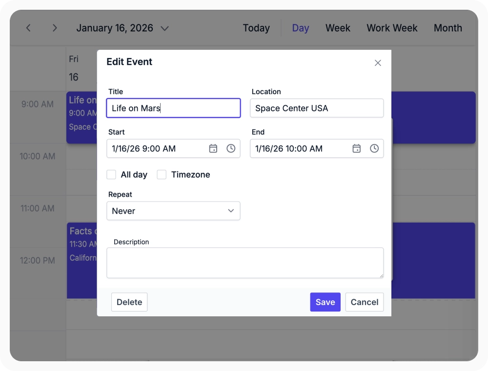 Comprehensive edit dialog with all event details in React Scheduler