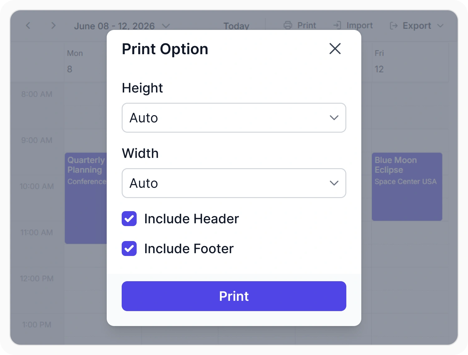 Print scheduler in multiple views and formats