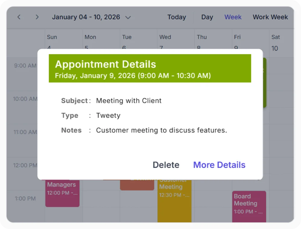 React Scheduler with quick info popup template that displays appointment details with action buttons and status indicators