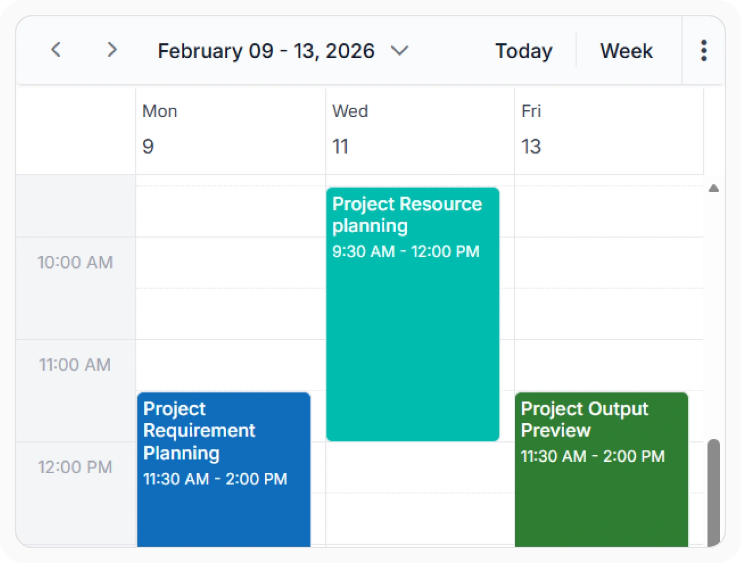 Scheduler showing working hours and available time slots