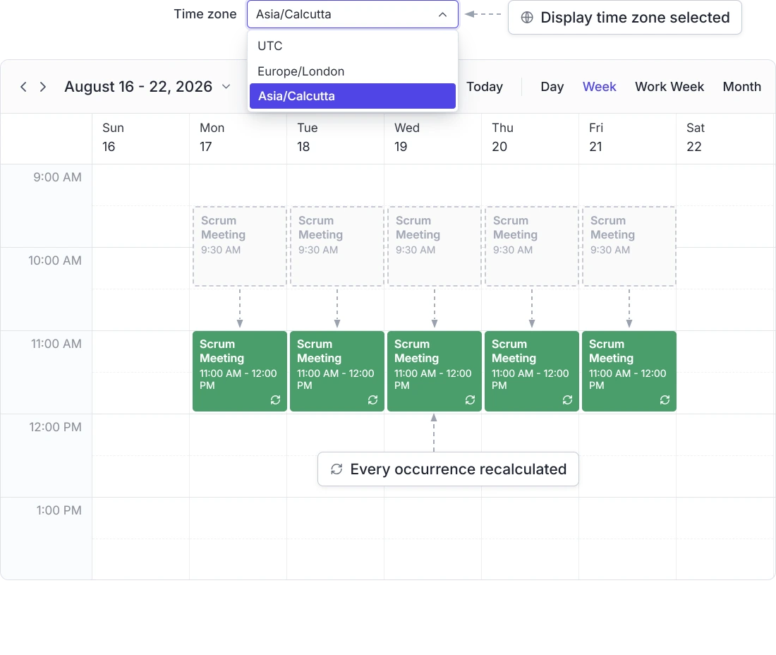 Recurring series across time zones in the Syncfusion Scheduler.
