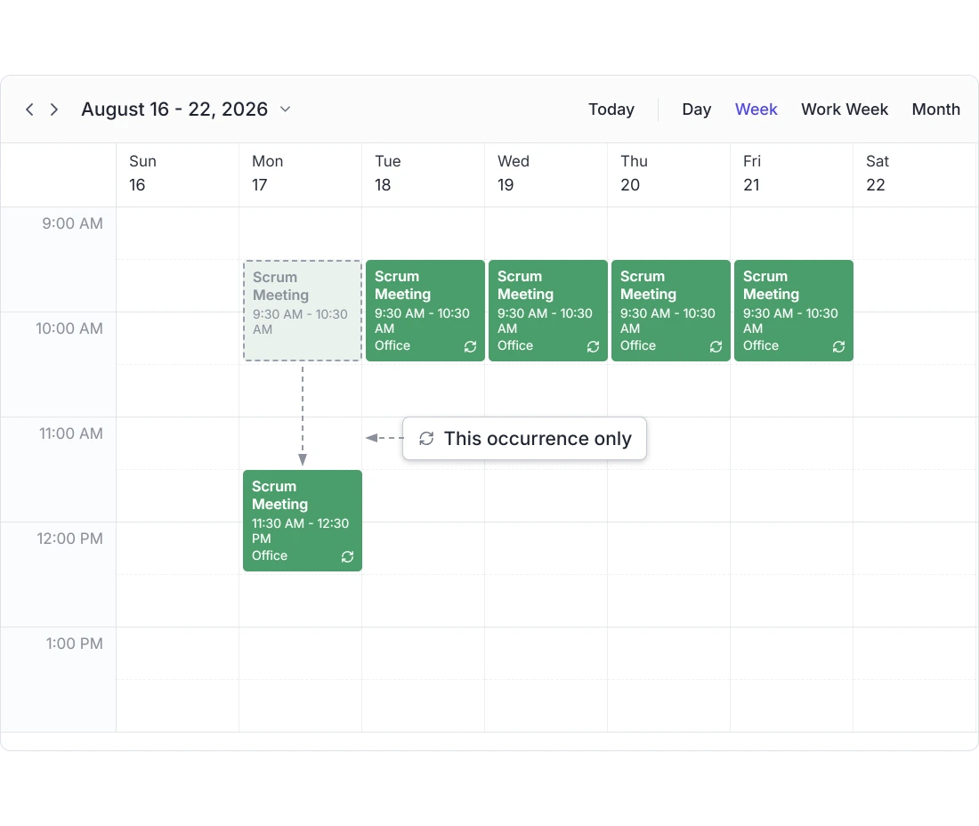 Editing a single occurrence in the Syncfusion Scheduler.
