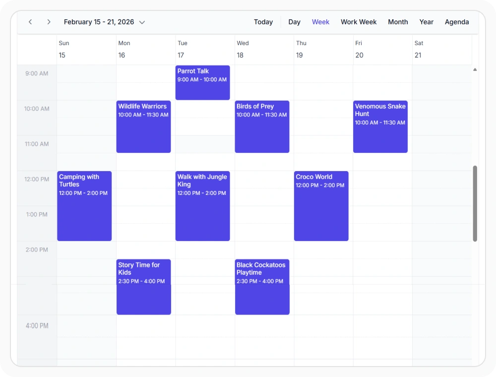 React Scheduler day and week views showing hourly time slots with color-coded appointments