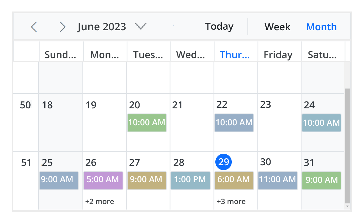 Illustration of displaying week numbers in Vue Scheduler.