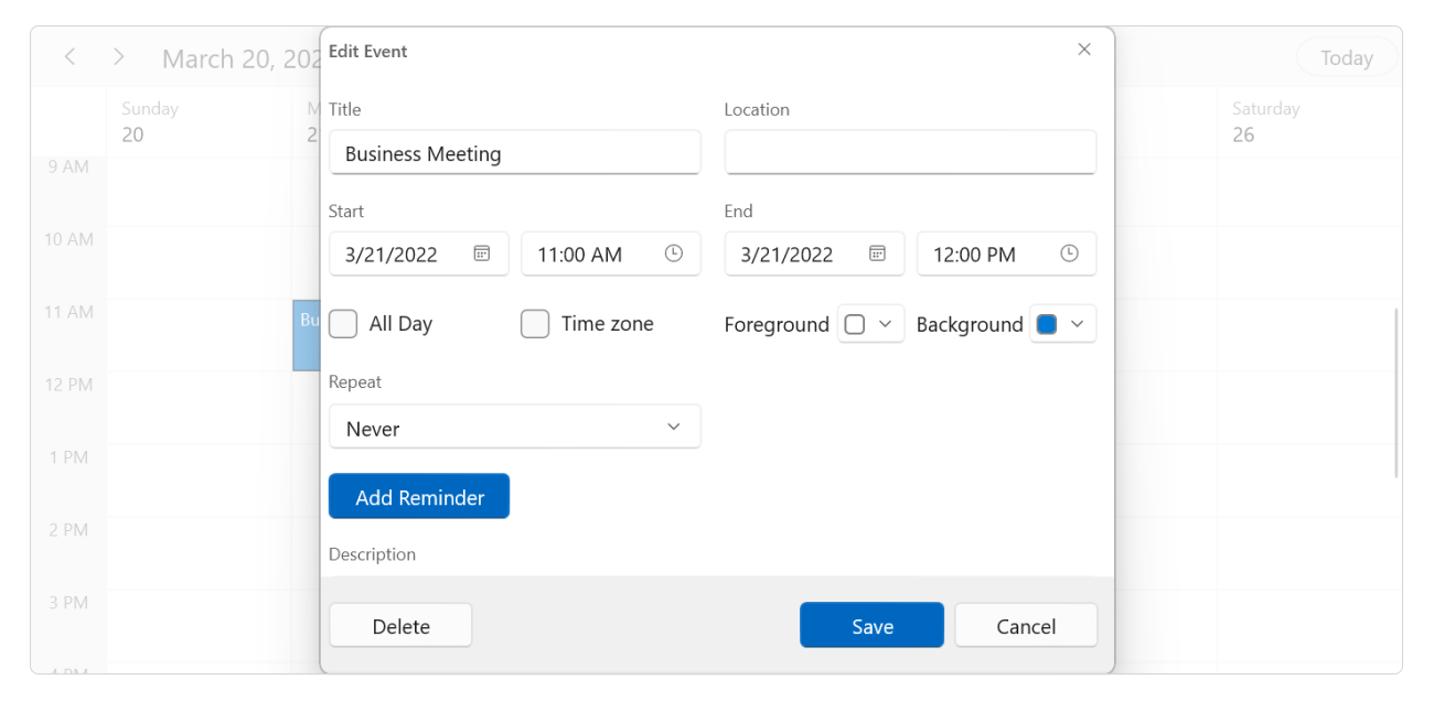 WinUI Scheduler Appointment Editor