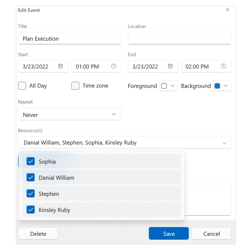 Resources in appointment editor.
