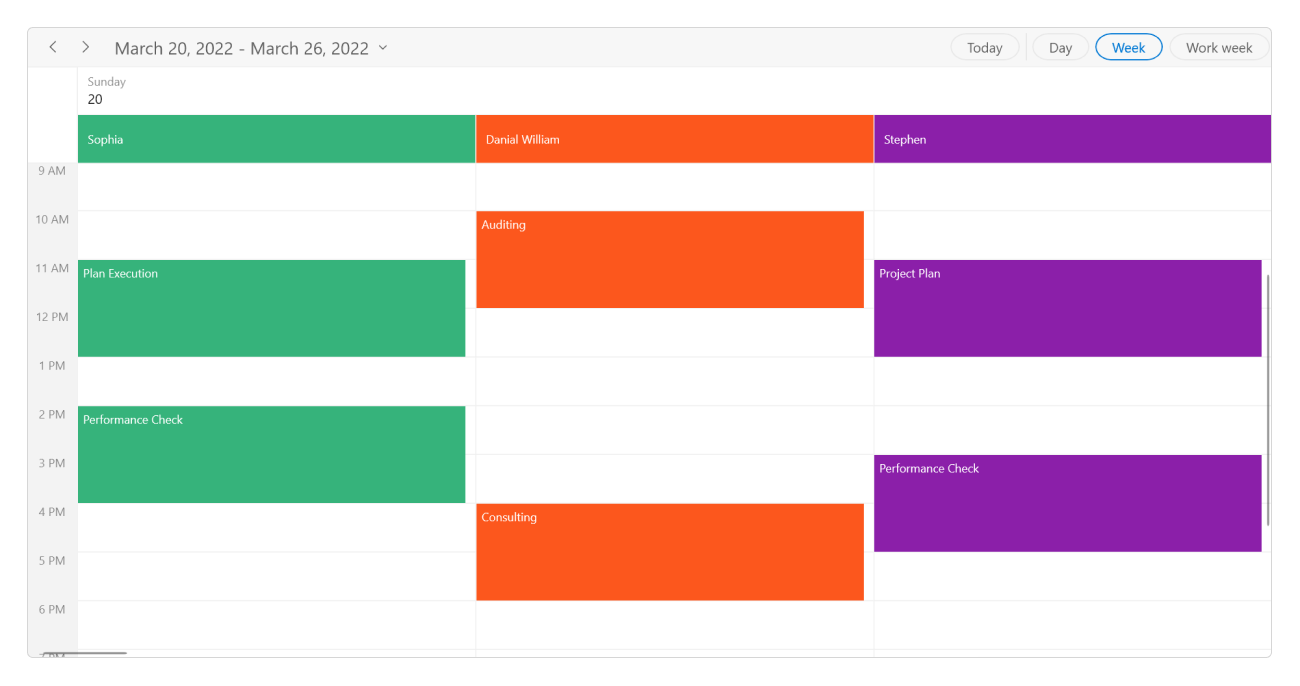 Resource grouping by date in WinUI Scheduler.