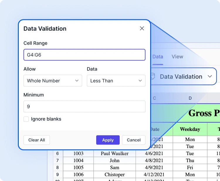 Data validation and conditional formating.