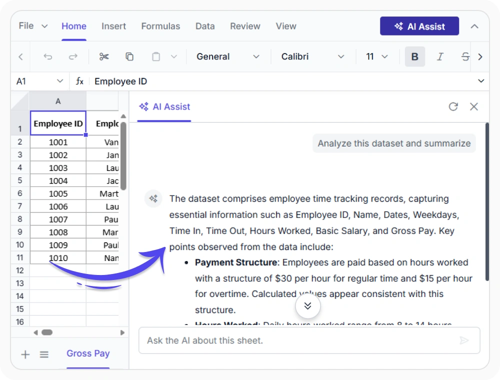 AI-assisted data analysis in React Spreadsheet Editor.