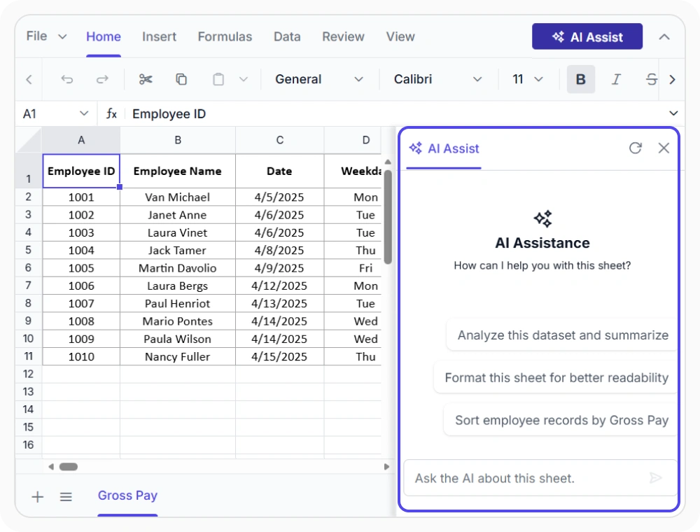 Prompt-based task execution in React Spreadsheet Editor.