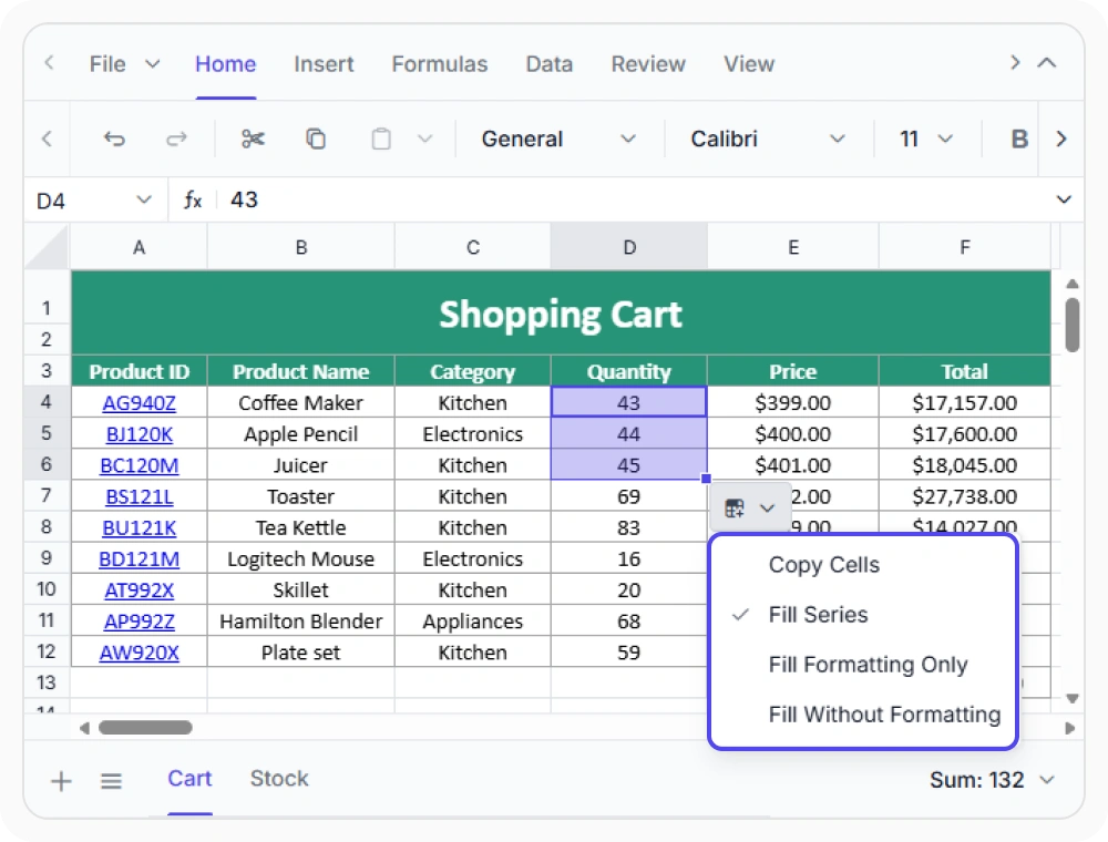 Autofill in React Spreadsheet Editor.