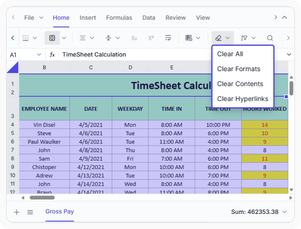 Clear options in React Spreadsheet Editor.